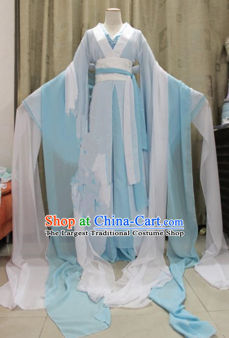 Chinese Traditional Cosplay Swordswoman Costume Ancient Peri Princess Blue Hanfu Dress for Women