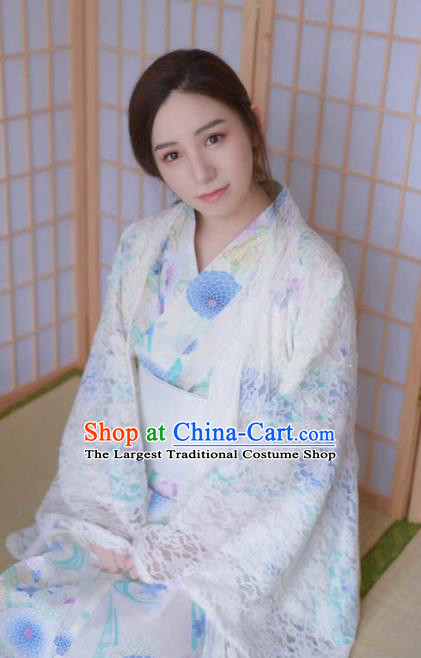 Handmade Japanese Geisha Printing Chrysanthemum White Furisode Kimono Dress Asian Japan Traditional Yukata Costume for Women