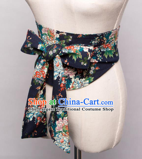 Japanese Traditional Handmade Kimono Belts Asian Japan Geisha Yukata Navy Brocade Waistband for Women