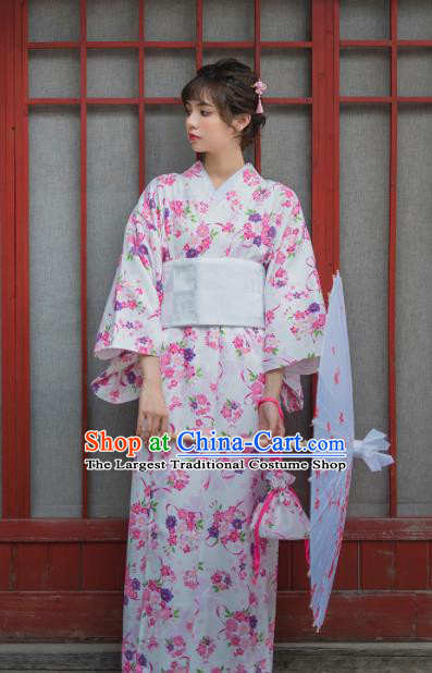 Handmade Japanese Traditional Costume Printing White Furisode Kimono Dress Asian Japan Yukata for Women