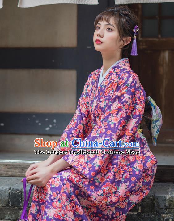 Handmade Japanese Traditional Costume Purple Furisode Kimono Dress Asian Japan Yukata for Women