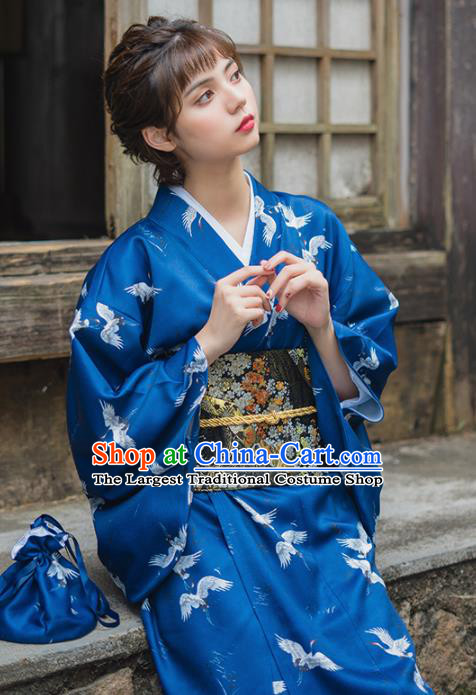 Handmade Japanese Traditional Costume Deep Blue Furisode Kimono Dress Asian Japan Yukata for Women