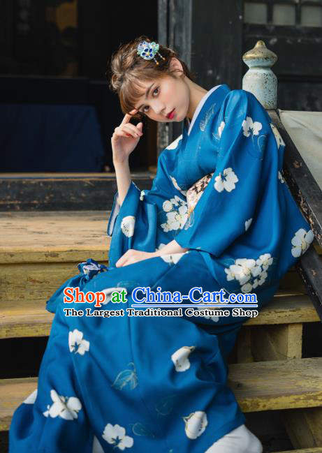 Handmade Japanese Traditional Costume Printing Flowers Blue Furisode Kimono Dress Asian Japan Yukata for Women