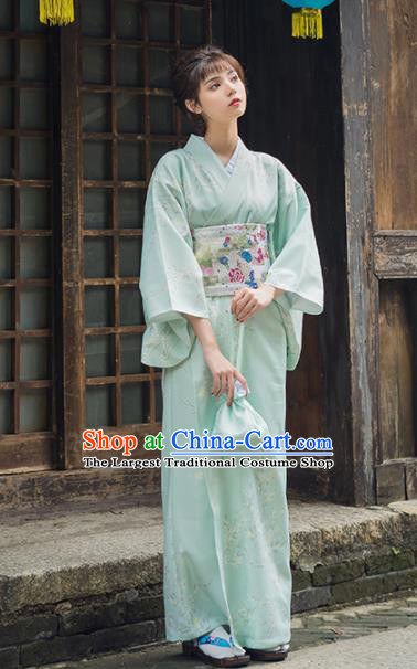 Handmade Japanese Traditional Costume Printing Light Green Furisode Kimono Dress Asian Japan Yukata for Women