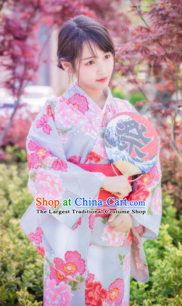 Japanese Traditional Costume Geisha Printing Peony Furisode Kimono Asian Japan Yukata Dress for Women