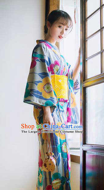 Japanese Traditional Costume Geisha Blue Furisode Kimono Dress Asian Japan Yukata for Women