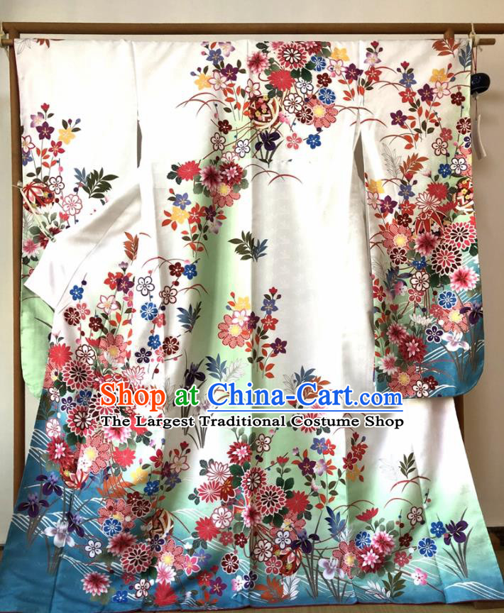 Japanese Traditional Costume Geisha Printing Orchid Green Furisode Kimono Asian Japan Yukata Dress for Women