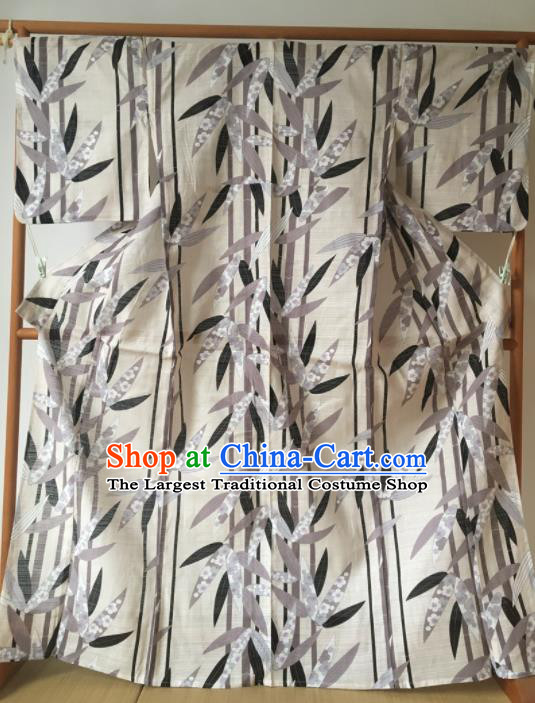 Japanese Traditional Costume Geisha Printing Bamboo White Furisode Kimono Asian Japan Yukata Dress for Women