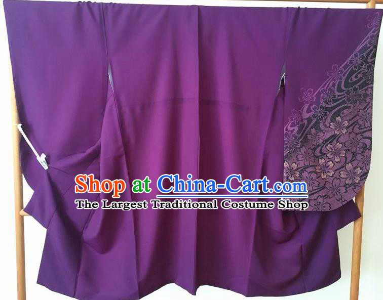 Japanese Traditional Costume Geisha Printing Purple Furisode Kimono Asian Japan Yukata Dress for Women