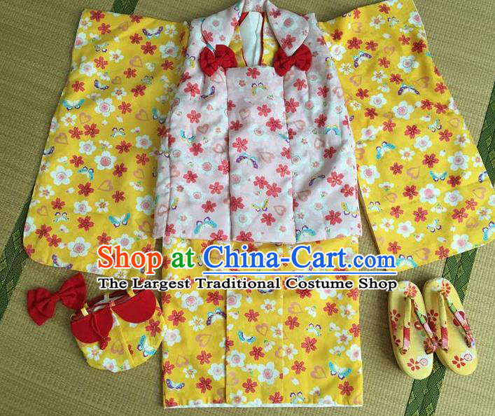 Japanese Traditional Handmade Yellow Kimono Dress Asian Japan Girls Yukata Costume for Kids