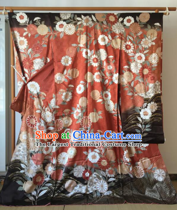 Japanese Traditional Costume Okuni Printing Sunflower Red Furisode Kimono Asian Japan Geisha Yukata Dress for Women