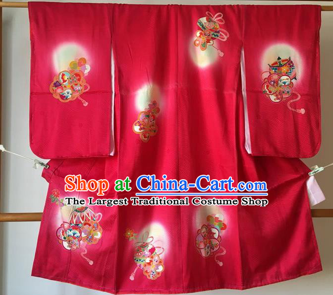 Japanese Traditional Handmade Printing Furisode Kimono Asian Japan Printing Red Yukata Costume for Kids