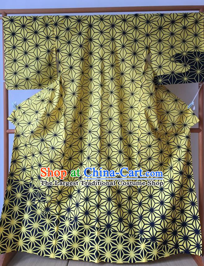 Japanese Traditional Costume Okuni Yellow Furisode Kimono Asian Japan Geisha Yukata Dress for Women