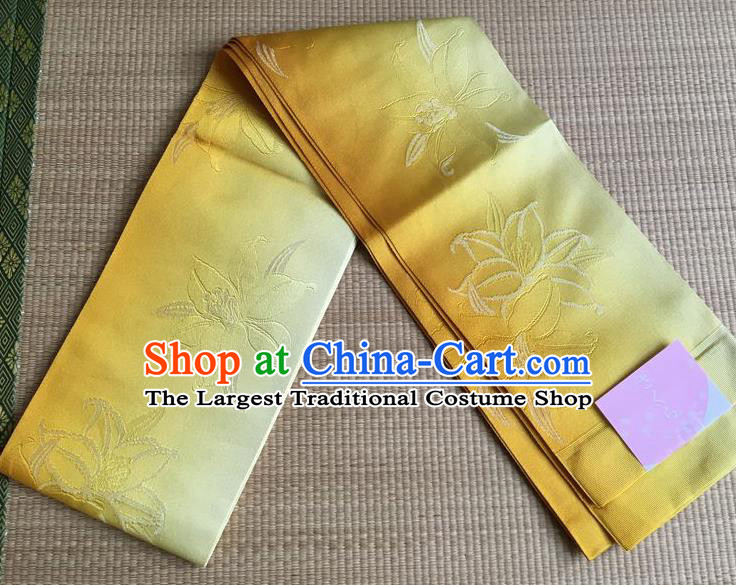 Japanese Traditional Court Yukata Classical Peony Pattern Golden Brocade Belts Asian Handmade Japan Geisha Kimono Waistband for Women