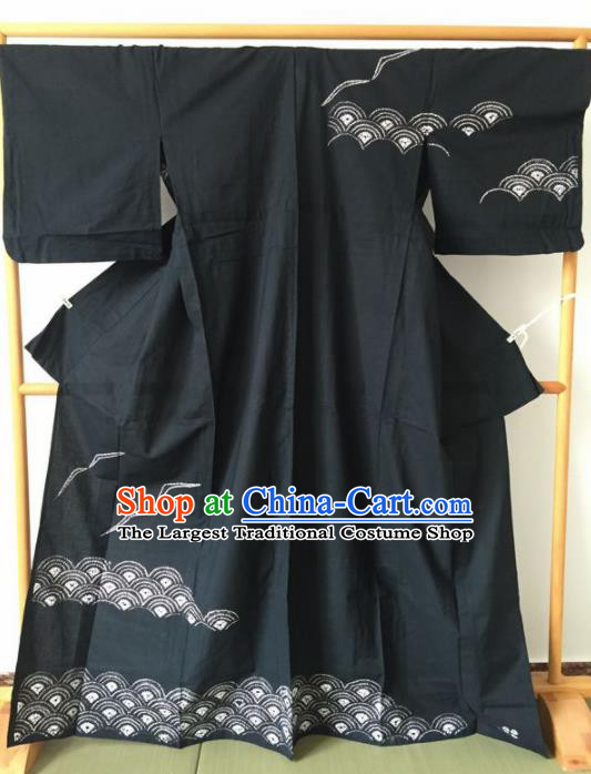 Japanese Traditional Printing Waves Black Furisode Kimono Asian Japan Geisha Yukata Dress Costume for Women