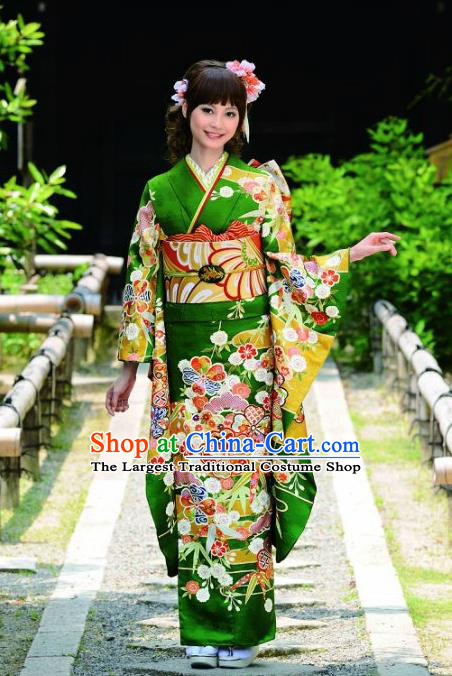 Japanese Traditional Court Green Silk Furisode Kimono Asian Japan Geisha Yukata Dress Costume for Women