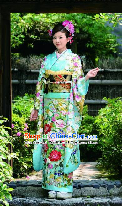 Japanese Traditional Green Furisode Kimono Asian Japan Costume Geisha Yukata Dress for Women