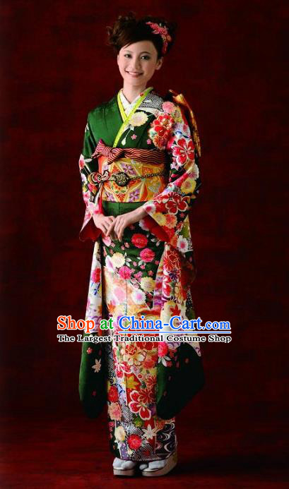 Japanese Traditional Printing Peony Deep Green Furisode Kimono Asian Japan Costume Geisha Yukata Dress for Women