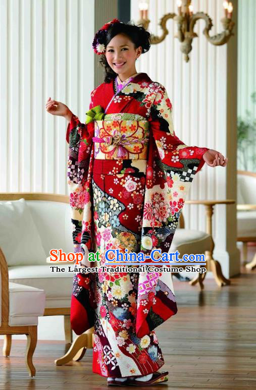 Japanese Traditional Printing Sakura Red Furisode Kimono Asian Japan Costume Geisha Yukata Dress for Women