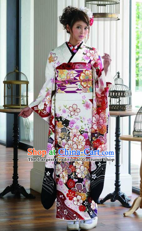 Japanese Traditional Printing Sakura White Furisode Kimono Asian Japan Costume Geisha Yukata Dress for Women