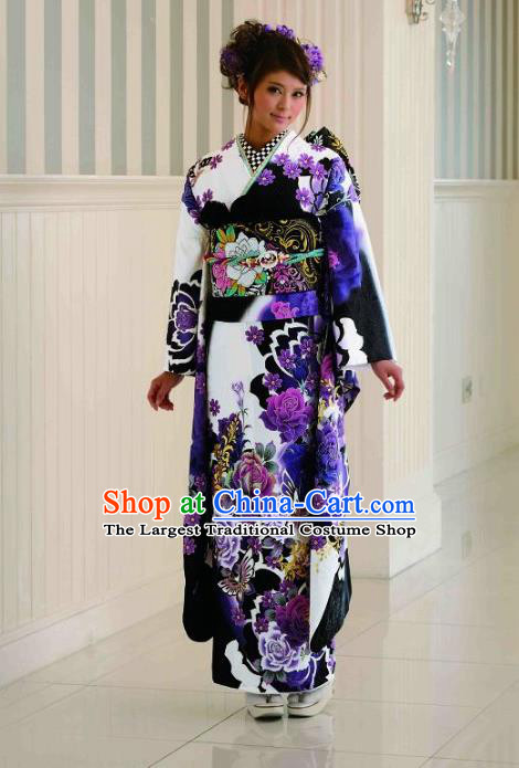 Japanese Traditional Printing Purple Peony Furisode Kimono Asian Japan Costume Geisha Yukata Dress for Women