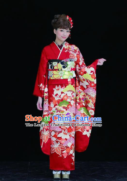 Japanese Traditional Printing Leaf Red Furisode Kimono Asian Japan Costume Geisha Yukata Dress for Women