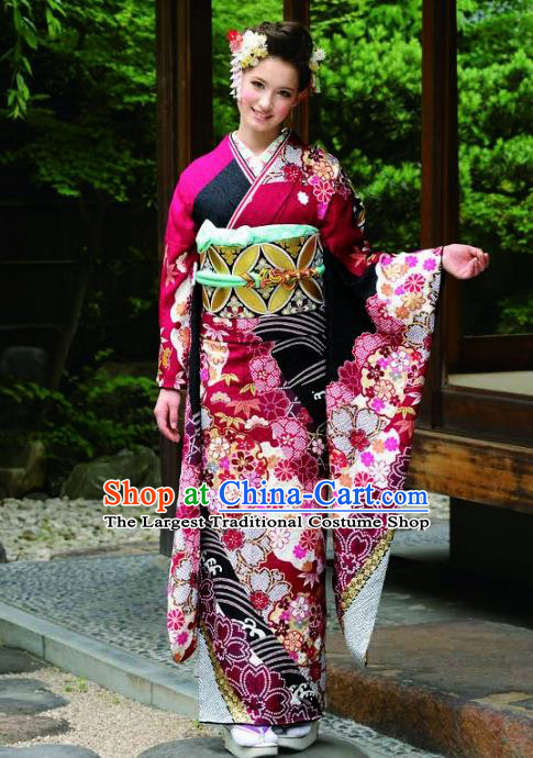 Japanese Traditional Printing Rosy Furisode Kimono Asian Japan Costume Geisha Yukata Dress for Women