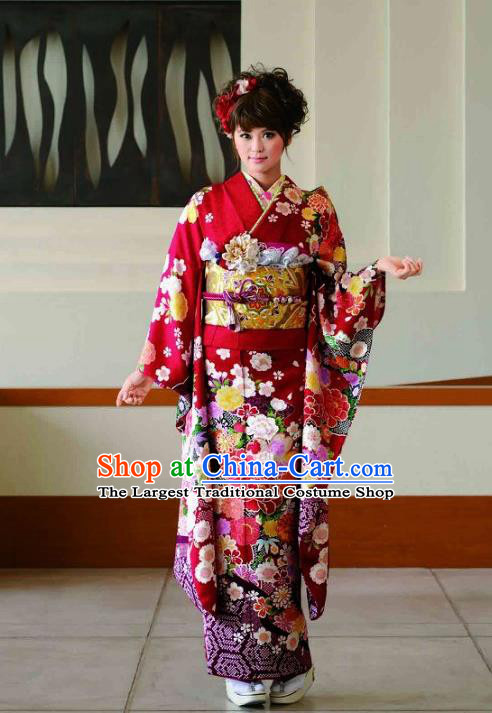 Japanese Traditional Printing Peony Iromuji Red Furisode Kimono Asian Japan Costume Geisha Yukata Dress for Women