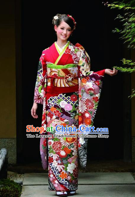 Japanese Traditional Printing Chrysanthemum Iromuji Rosy Furisode Kimono Asian Japan Costume Geisha Yukata Dress for Women