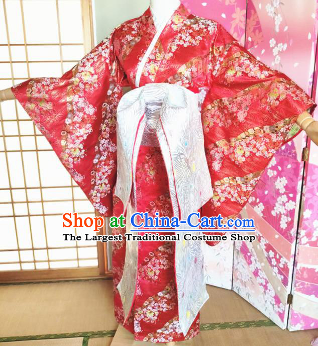 Japanese Traditional Courtesan Red Furisode Kimono Asian Japan Costume Geisha Yukata Dress for Women