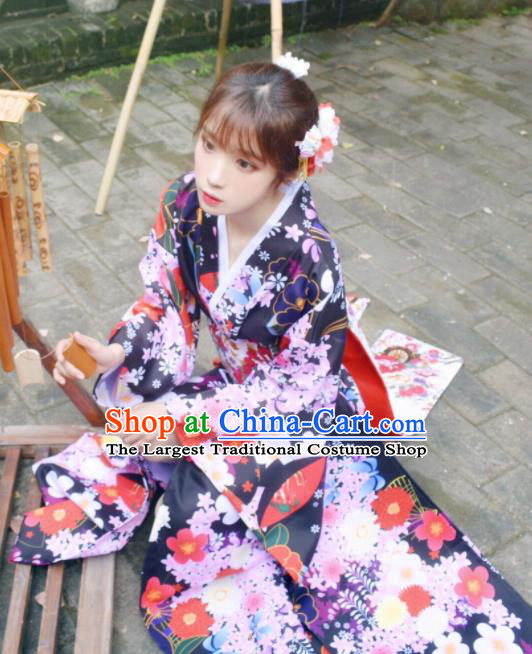 Japanese Traditional Courtesan Printing Sakura Black Furisode Kimono Asian Japan Costume Geisha Yukata Dress for Women