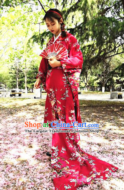 Japanese Traditional Court Courtesan Red Furisode Kimono Asian Japan Costume Geisha Yukata Dress for Women