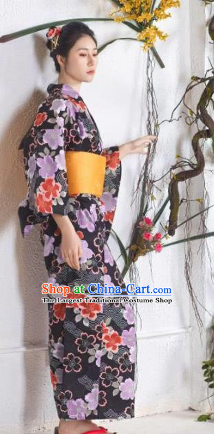 Japanese Traditional Printing Sakura Black Kimono Asian Japan Costume Geisha Yukata Dress for Women