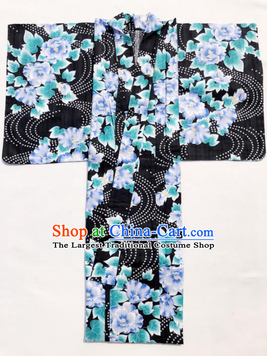 Traditional Japanese Classical Printing Blue Peony Kimono Asian Japan Costume Geisha Yukata Dress for Women