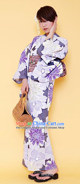 Traditional Japanese Classical Printing Peony Purple Kimono Asian Japan Costume Geisha Yukata Dress for Women