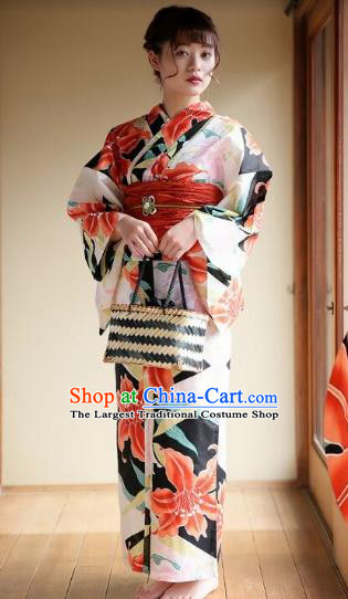 Traditional Japanese Classical Printing Lily Flowers Kimono Asian Japan Costume Geisha Yukata Dress for Women