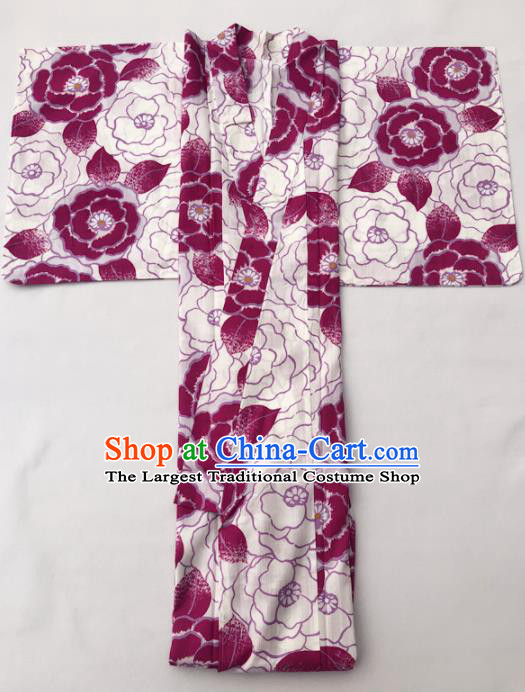 Traditional Japanese Classical Printing Wine Red Peony Kimono Asian Japan Costume Geisha Yukata Dress for Women