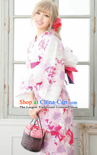 Traditional Japanese Classical Printing Dahlia Light Purple Kimono Asian Japan Costume Geisha Yukata Dress for Women