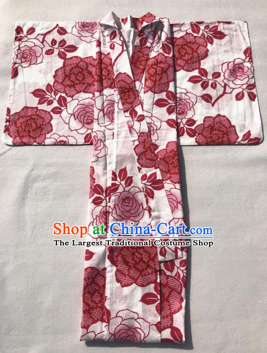 Japanese Classical Printing Red Roses Kimono Asian Japan Traditional Costume Geisha Yukata Dress for Women