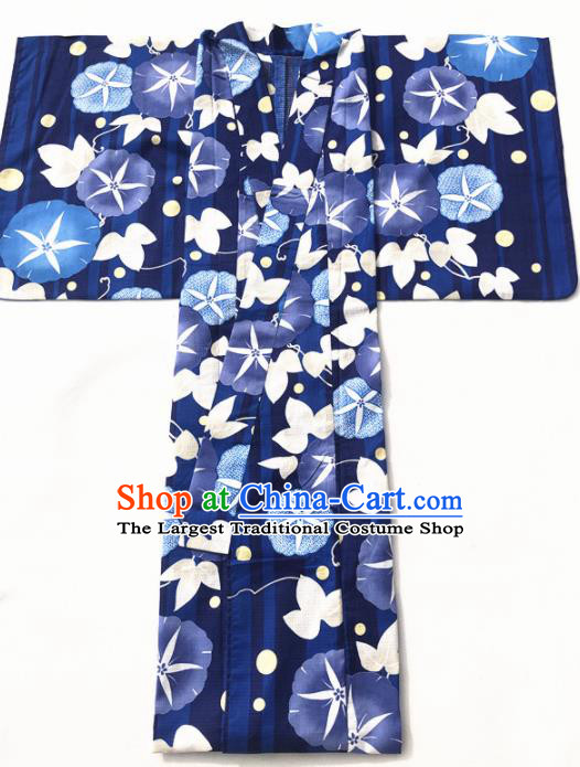 Japanese Classical Printing Petunia Navy Kimono Asian Japan Traditional Costume Geisha Yukata Dress for Women