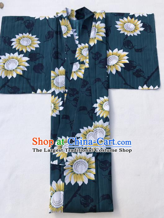 Japanese Classical Printing Sunflowers Atrovirens Kimono Asian Japan Traditional Costume Geisha Yukata Dress for Women