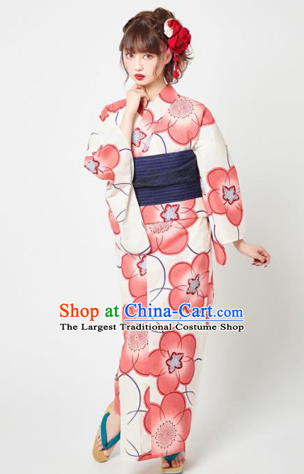 Japanese Classical Printing Red Plum Blossom Kimono Asian Japan Traditional Costume Geisha Yukata Dress for Women