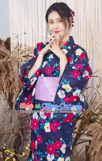 Japanese Traditional Classical Printing Deep Purple Kimono Asian Japan Costume Geisha Yukata Dress for Women