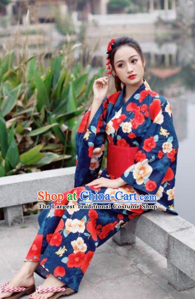 Japanese Traditional Classical Printing Navy Kimono Asian Japan Costume Geisha Yukata Dress for Women