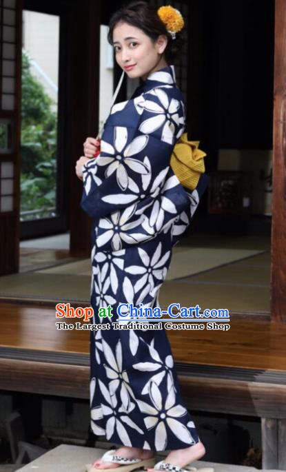 Japanese Traditional Classical Printing Navy Kimono Asian Japan Costume Geisha Yukata Dress for Women