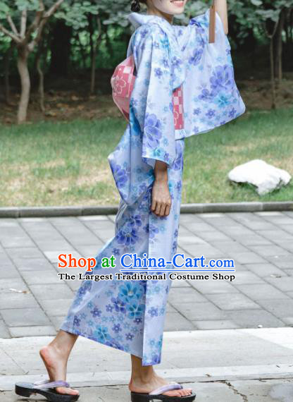 Japanese Classical Printing Flowers Kimono Asian Traditional Japan Costume Geisha Yukata Dress Complete Set for Women