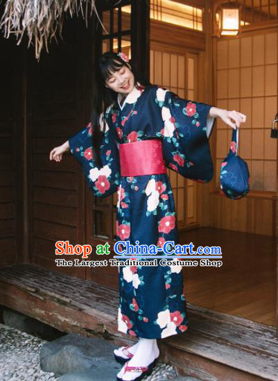 Traditional Japanese Classical Printing Camellia Navy Kimono Asian Japan Costume Geisha Yukata Dress for Women