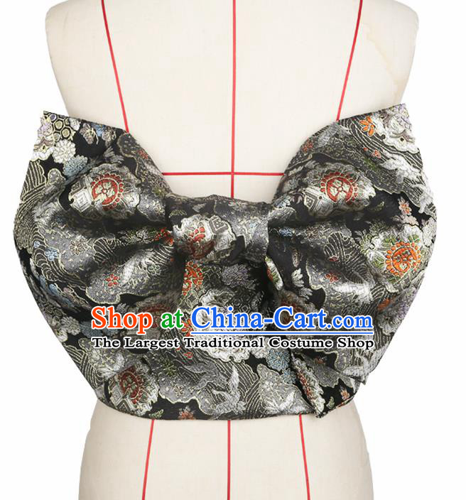 Japanese Traditional Black Brocade Bowknot Yukata Waistband Asian Japan Handmade Kimono Belts for Women