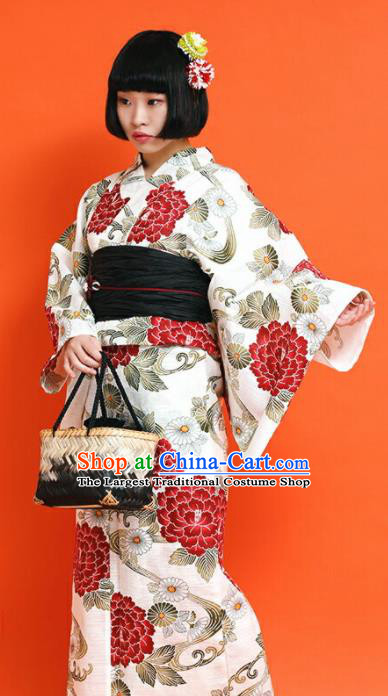 Japanese Classical Printing Red Peony Kimono Asian Japan Traditional Costume Geisha Yukata Dress for Women