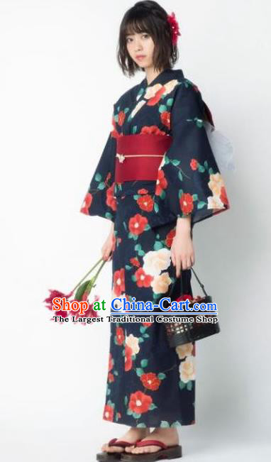 Japanese Classical Printing Camellia Navy Kimono Asian Japan Traditional Costume Geisha Yukata Dress for Women